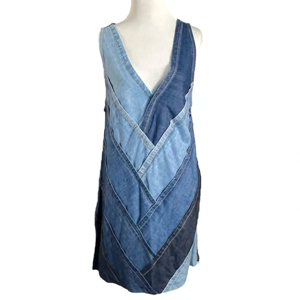 Free People Bohemian 70s Patches Of Denim Mini Dress XS NWT Patchwork Fall Retro - Picture 8 of 16